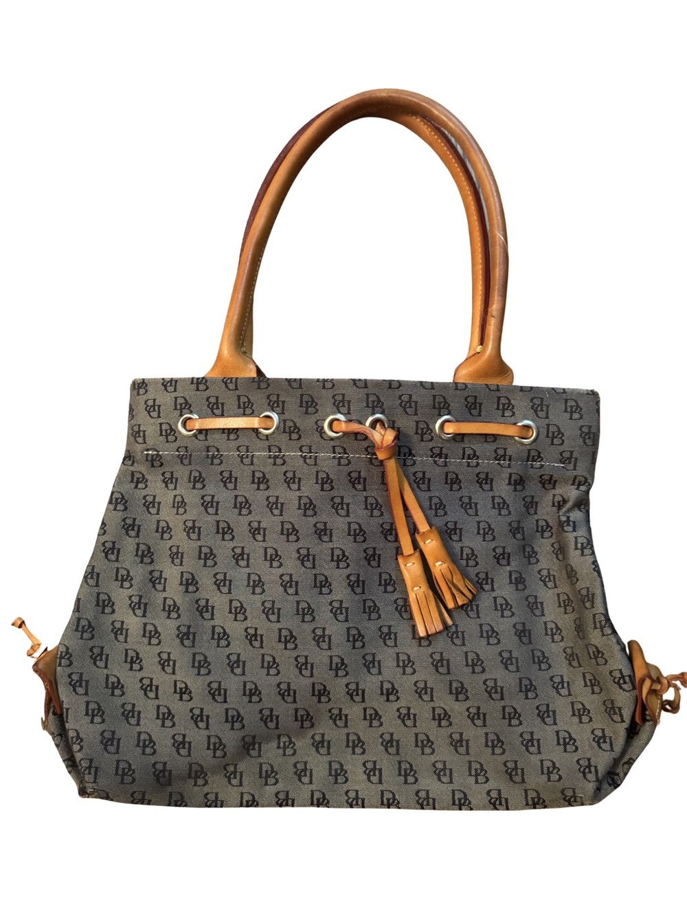 Designer-Inspired Brown Monogram Tote with Tan Leather Trim